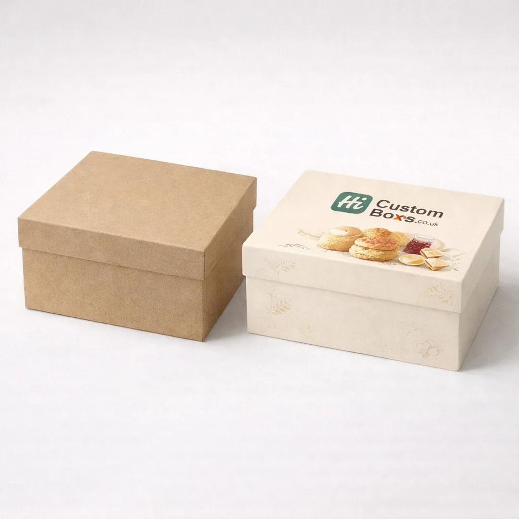 Two white and branded scone boxes with lids featuring a clear window on the top. class=